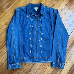 Bugle Boy Jean Jacket Embroidered Floral Women's XL Blue and Navy